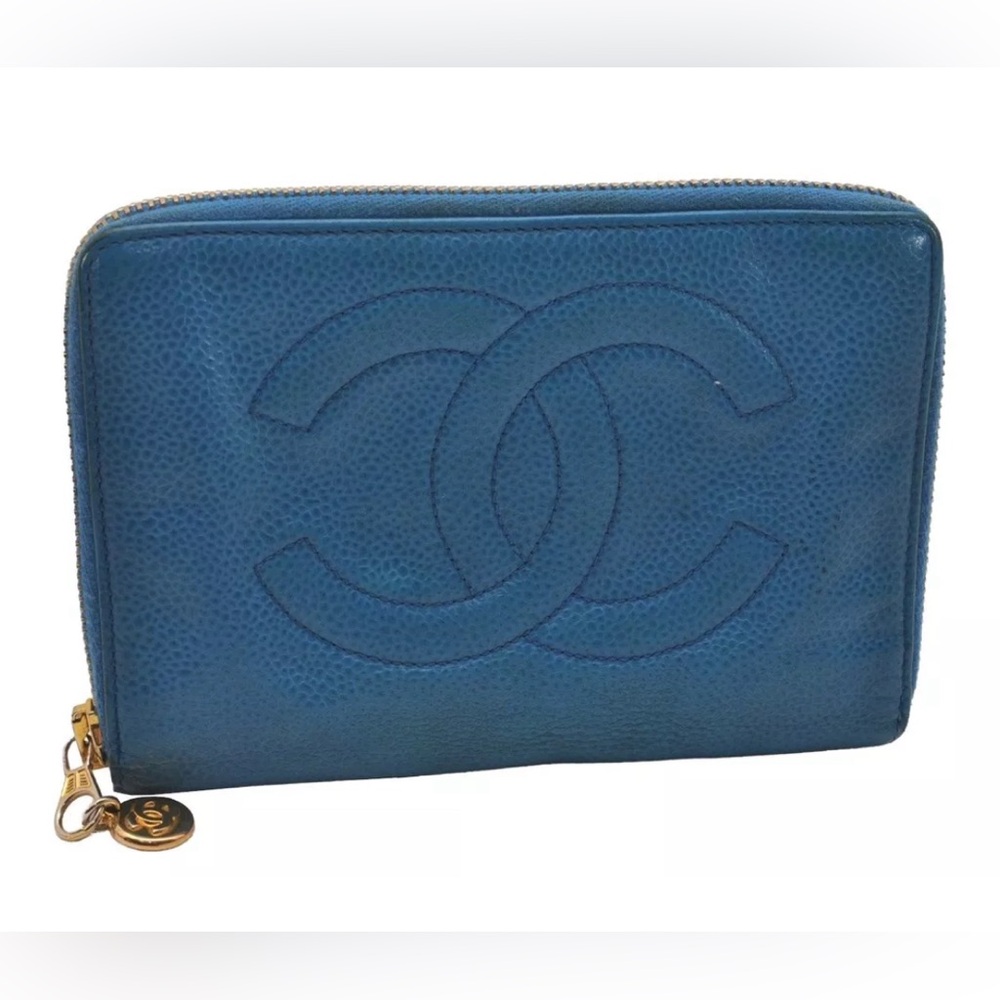 Authentic CHANEL Vintage Caviar Skin CoCo Mark Long Wallet Purse Blue